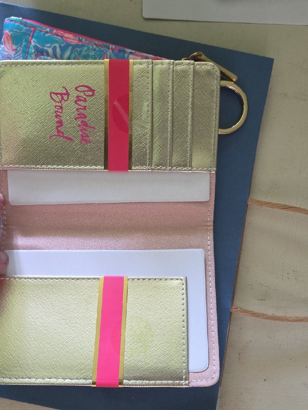 Lilly Pulitzer Pink Aqua Floral Passport Holder & Key Chain ID Set - Picture 3 of 4